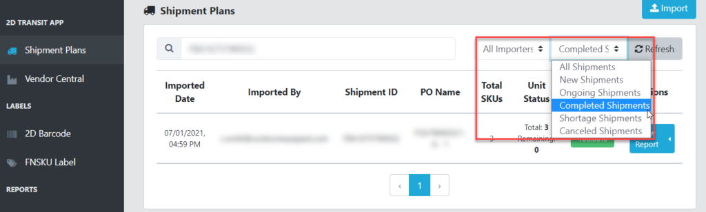 Filter the shipment plans list by completion status