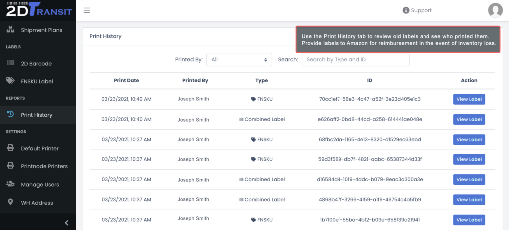 View your 2D barcode and FNSKU barcode Print History
